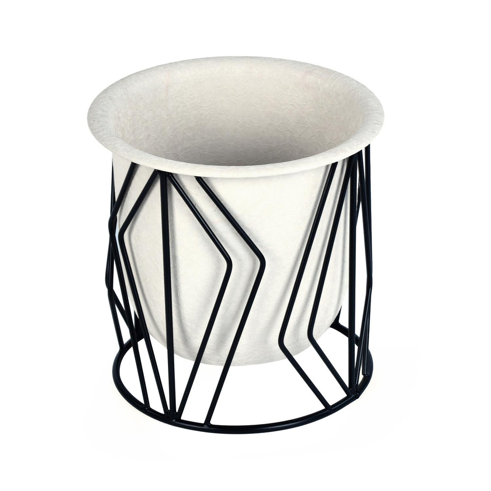 Decorative Planter On Zigzag Stand- Small, Ivory & Black
