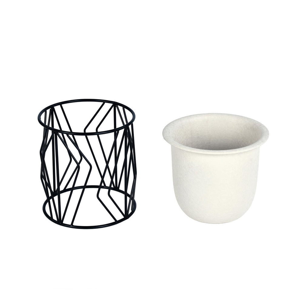 Decorative Planter On Zigzag Stand- Small, Ivory & Black