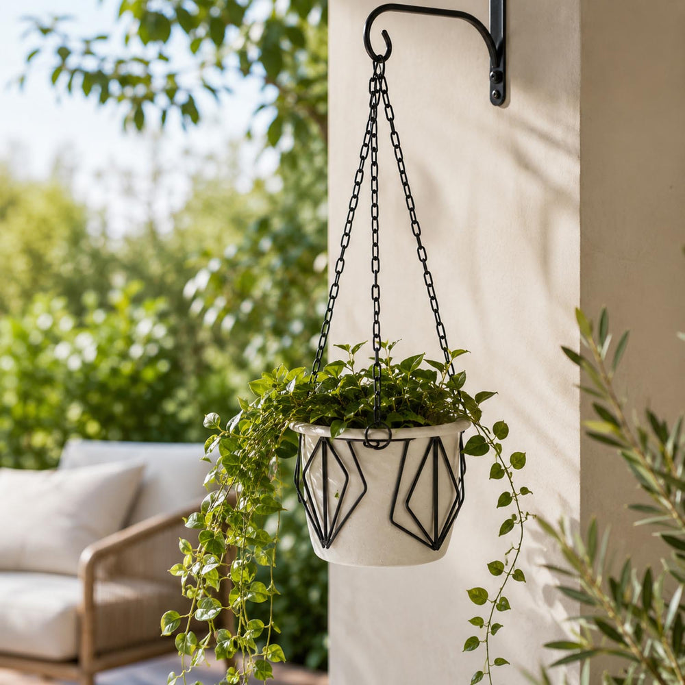 Metal Hanging Planter- Ivory & Black