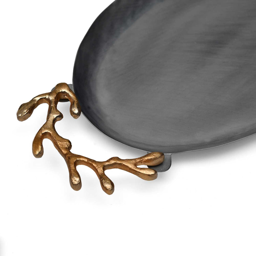 Oval Serving Platter with Golden Granch Handle Small- Grey and Gold
