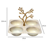 4 Compartment Square Serving Platter With Golden Branch- Beige and Gold