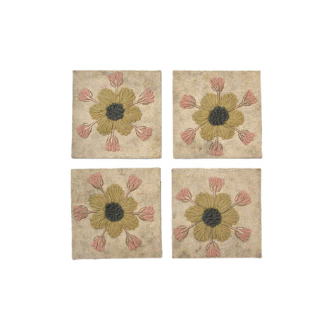 Floral Embroidery Cotton Set of 4 Coaster- Beige and Green