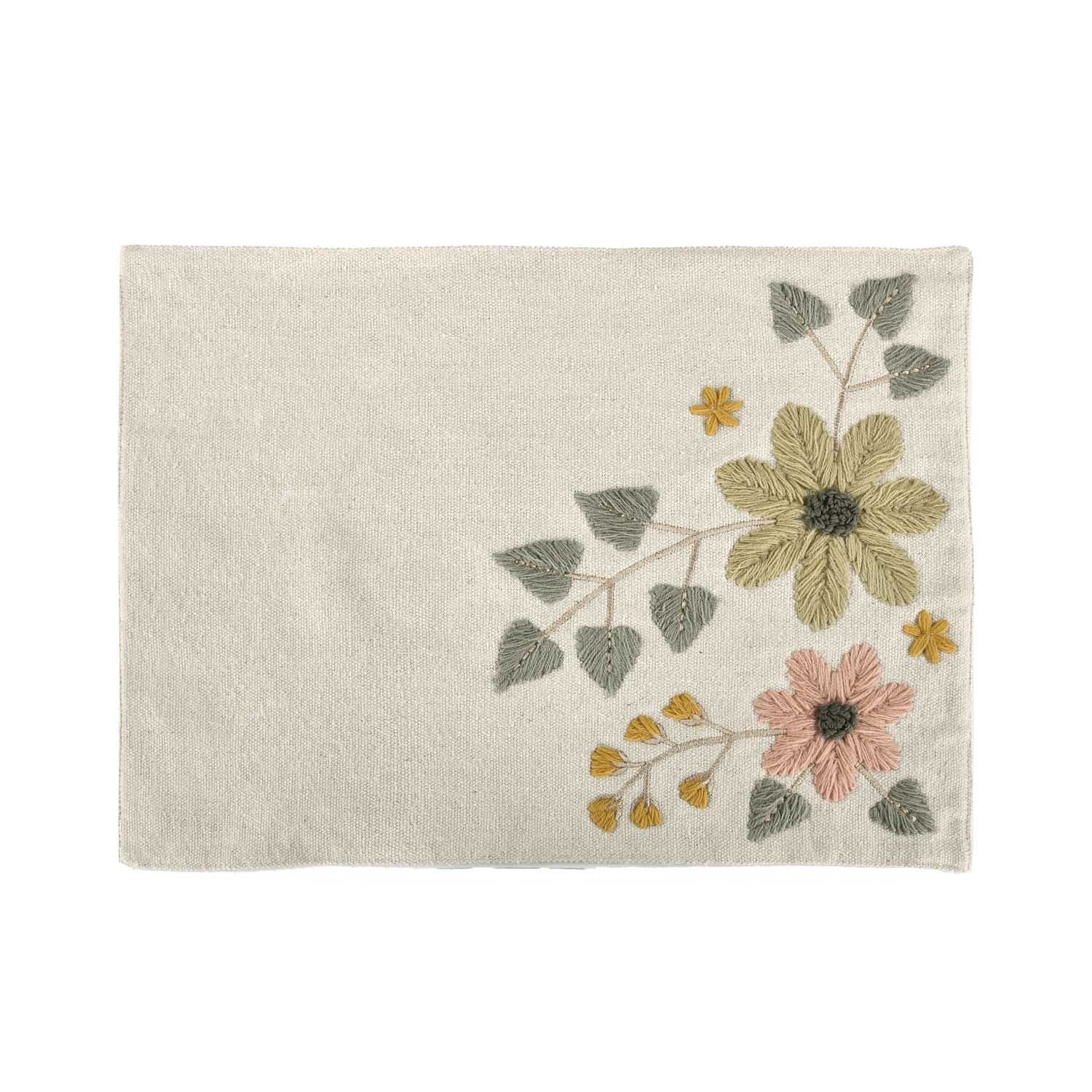 Floral Embroidery Table Placemat- Beige & Green