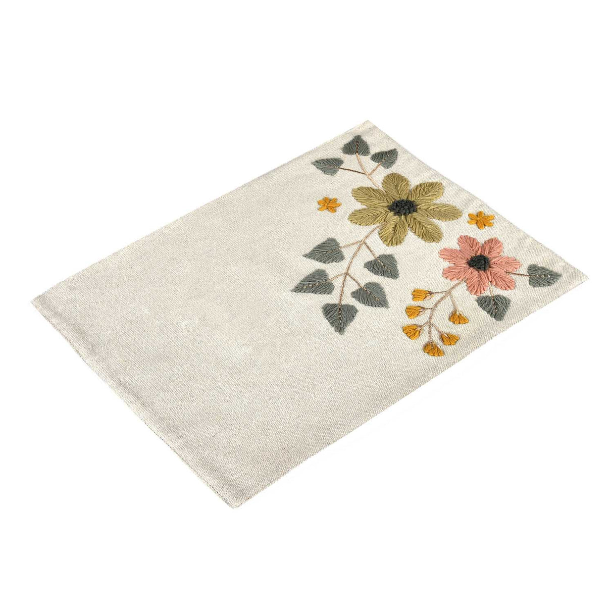 Floral Embroidery Table Placemat- Beige & Green