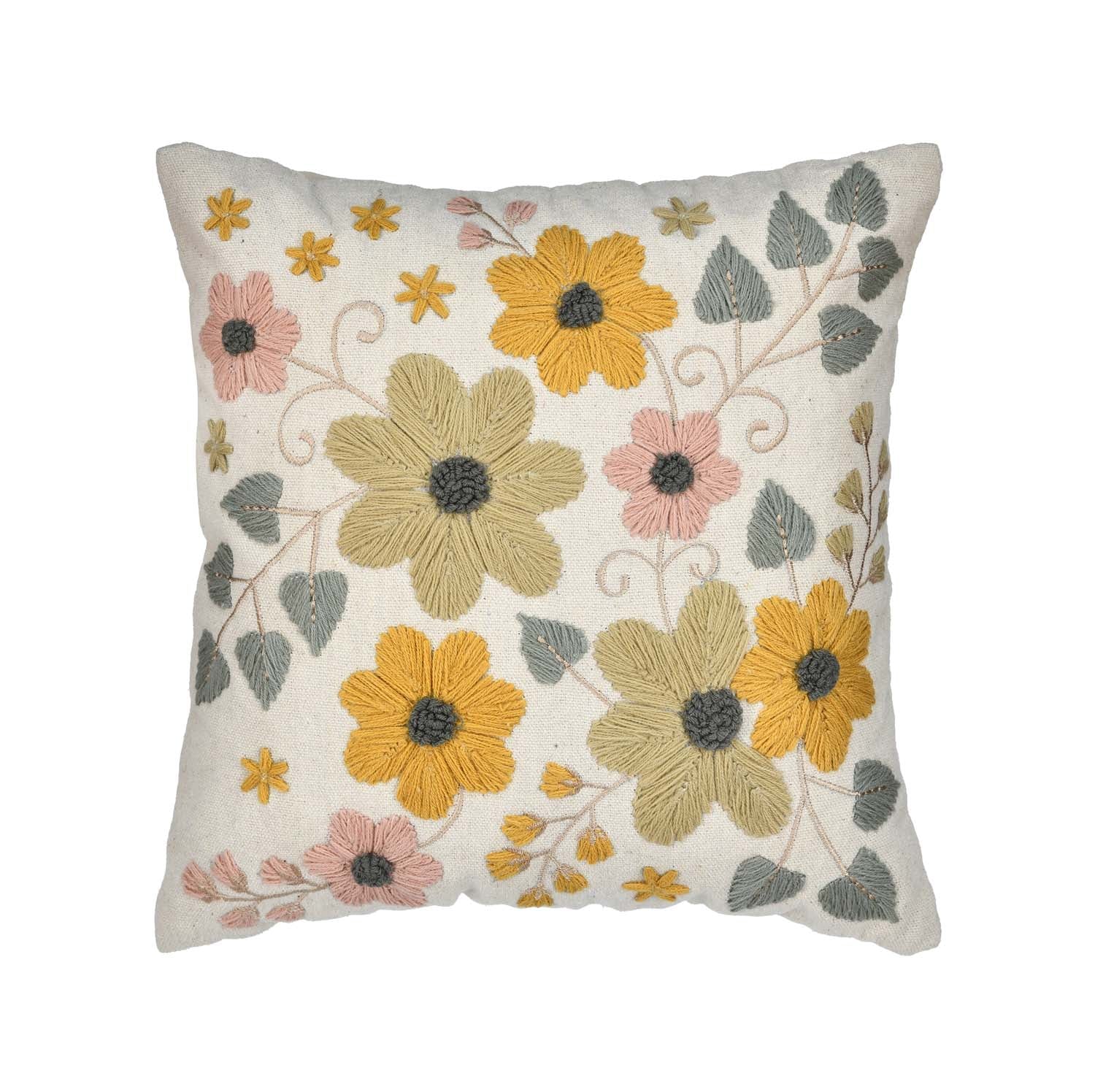 Floral Embroidery Cotton Cushion Cover- Beige and Green