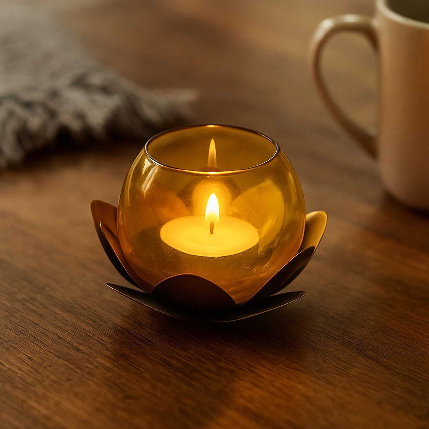 Decorative Mini Lotus Votive Candle Stand- Yellow
