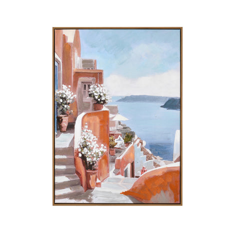 Santorini Street Canvas Wall Painting (Blue & Orange)