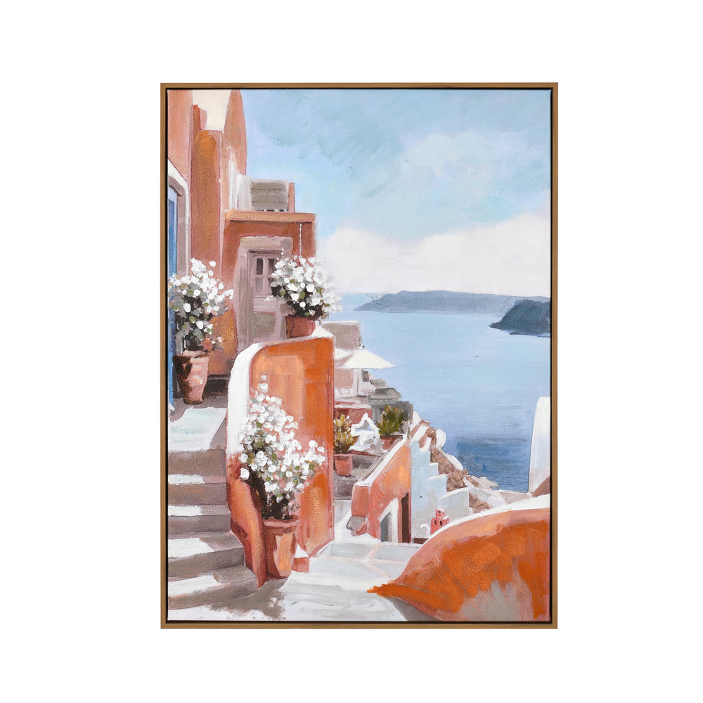 Santorini Street Canvas Wall Painting (Blue & Orange)