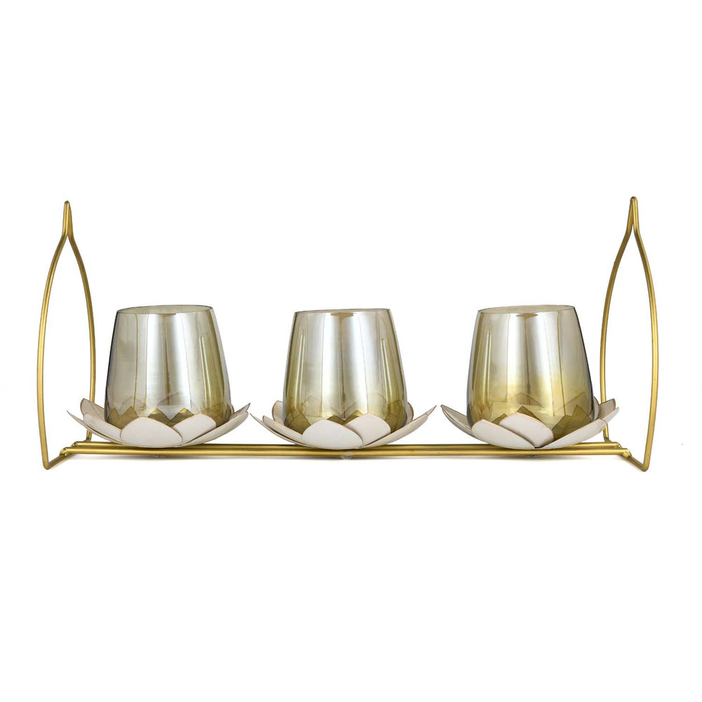 Decorative Lotus Trio Candle Holder- Gold