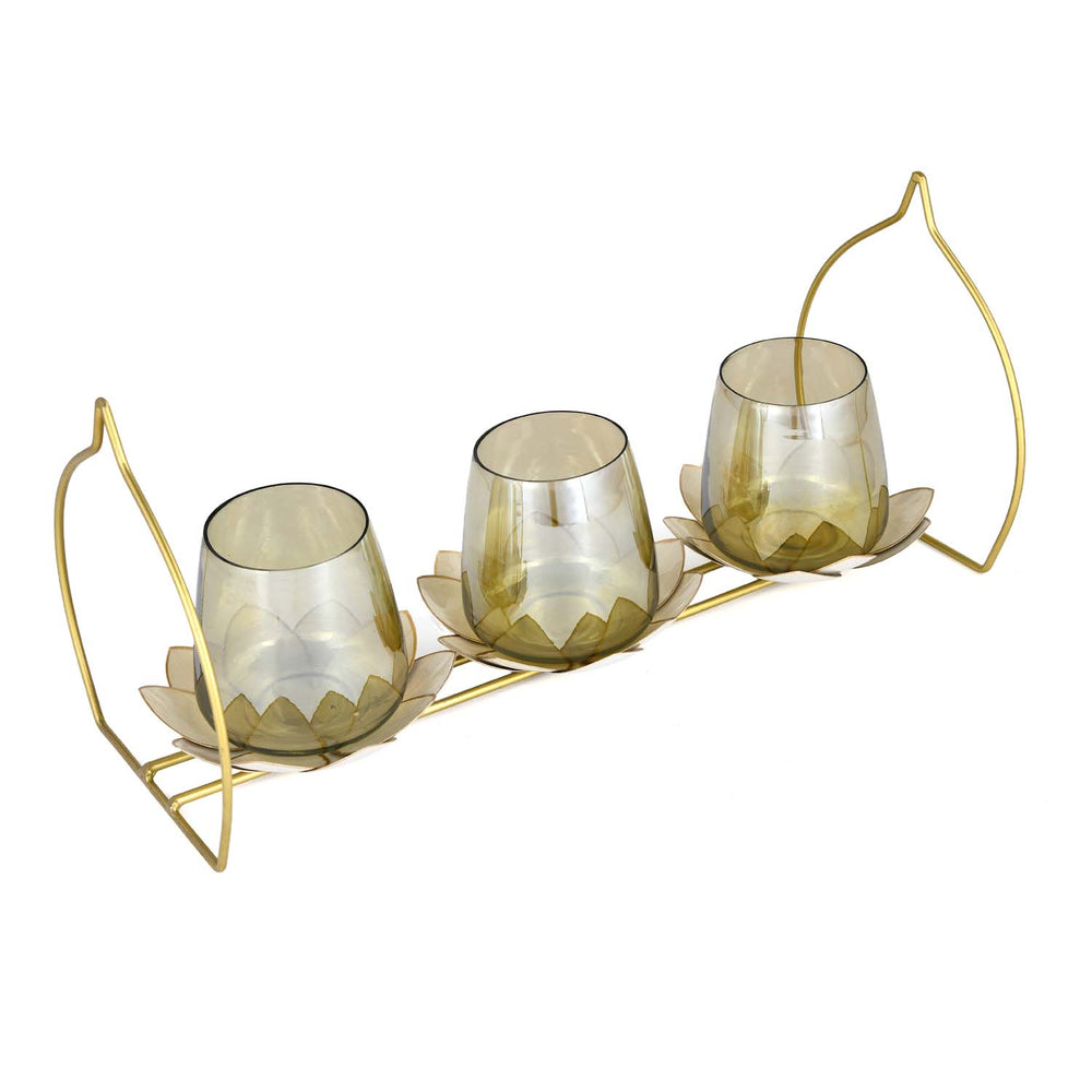 Decorative Lotus Trio Candle Holder- Gold