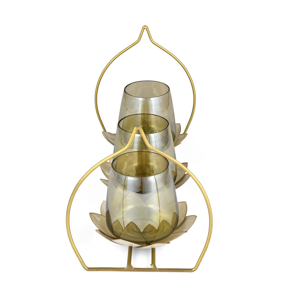 Decorative Lotus Trio Candle Holder- Gold