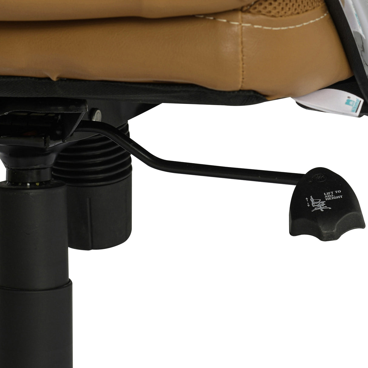 Close‑up of the underside of a tan colored Trenvi Back Office Chair showing the black metal height‑adjustment lever 1