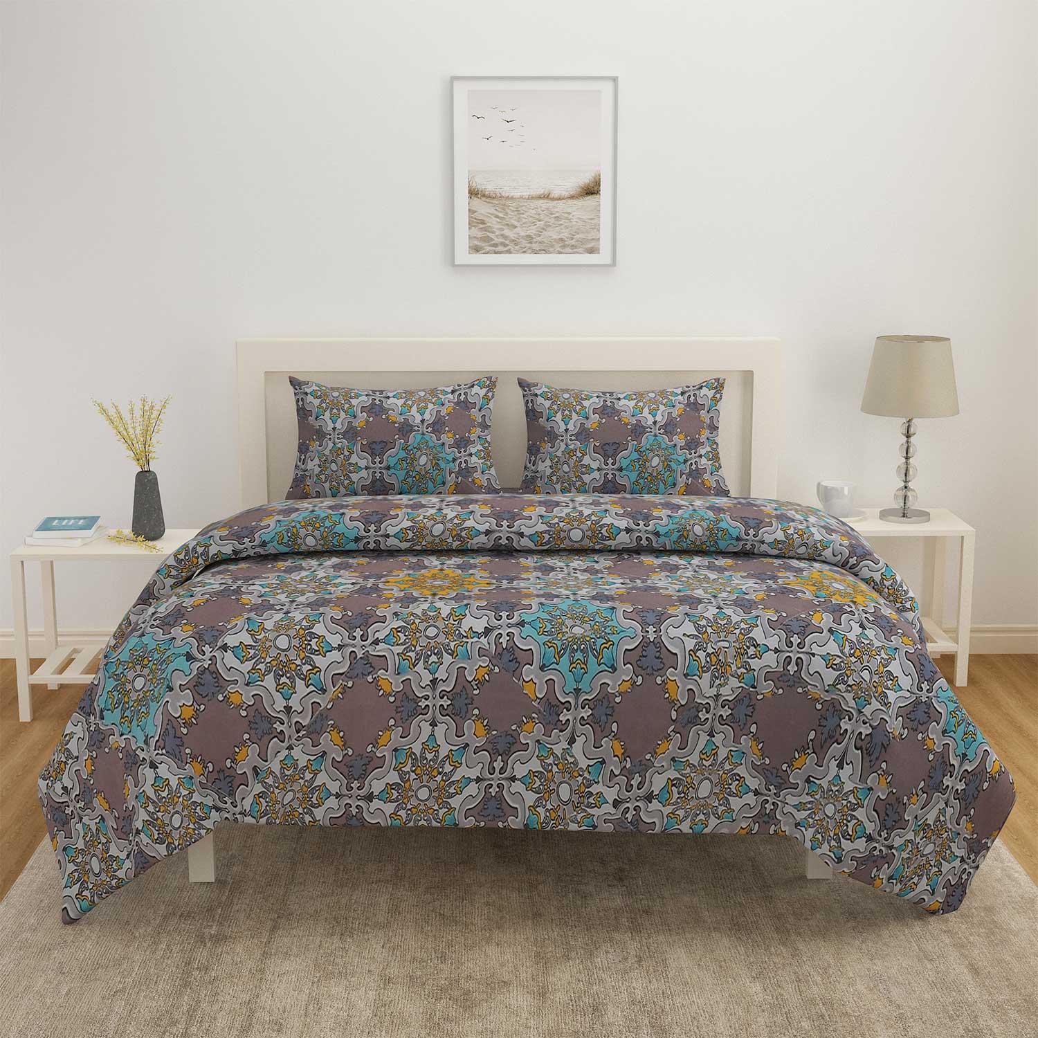 Turkish Stencil Pattern 4 Pieces Polyester Double Bedding Set (Multicolor)