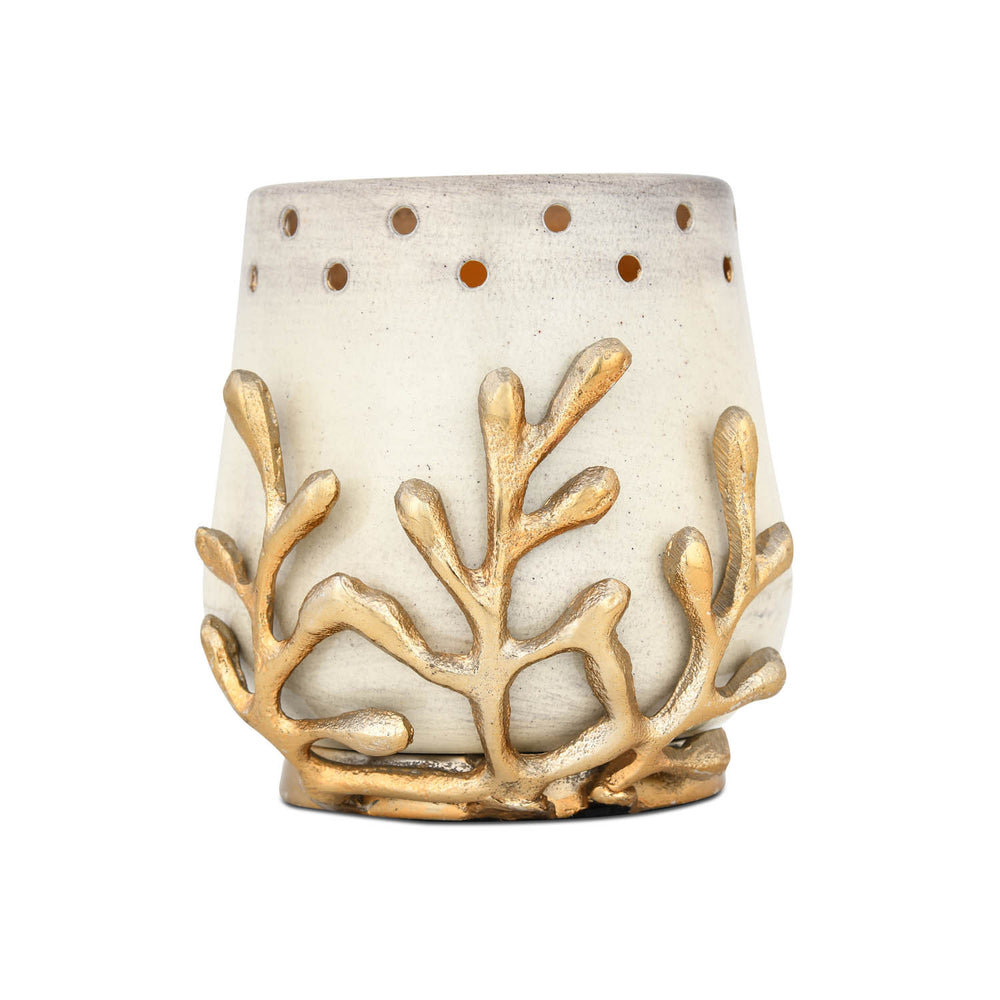 Decorative Votive Candle Holder with Golden Branch- Beige and Gold
