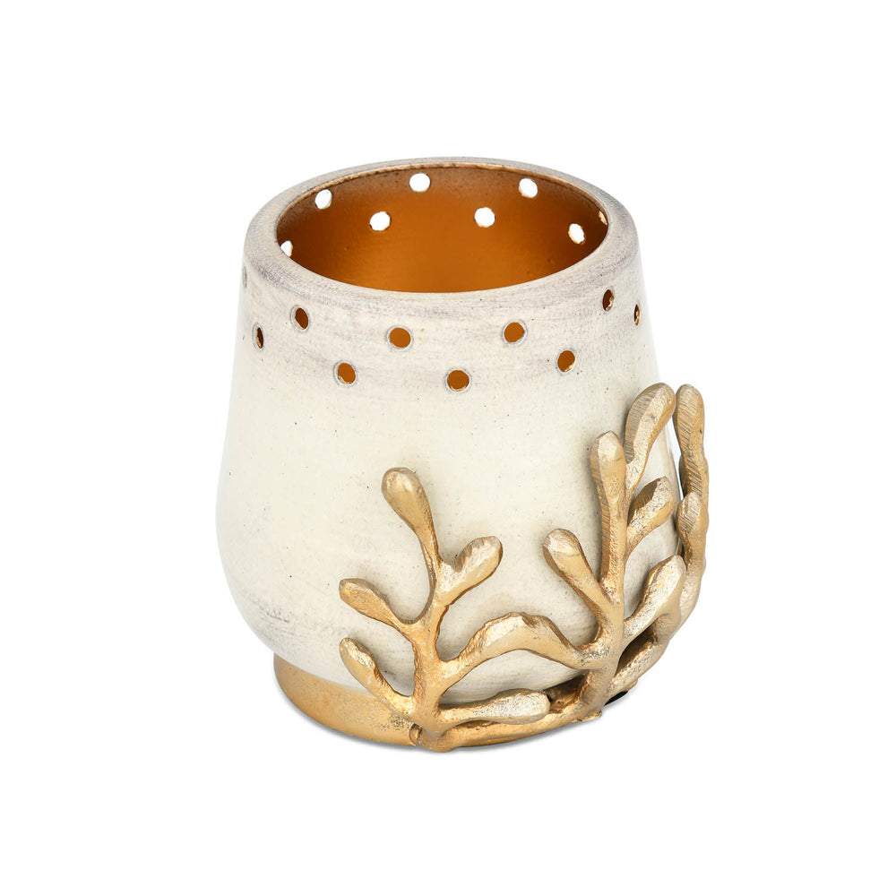 Decorative Votive Candle Holder with Golden Branch- Beige and Gold