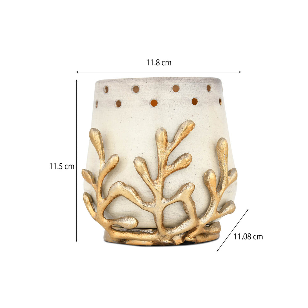 Decorative Votive Candle Holder with Golden Branch- Beige and Gold