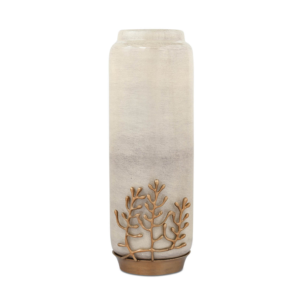 Decorative Tall Floor Vase with Golden Branch- Beige and Gold