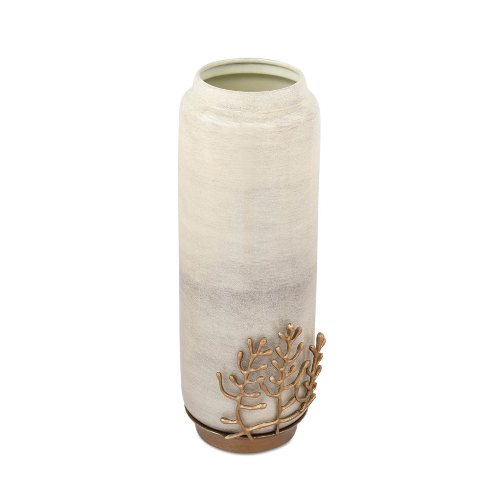 Decorative Tall Floor Vase with Golden Branch- Beige and Gold