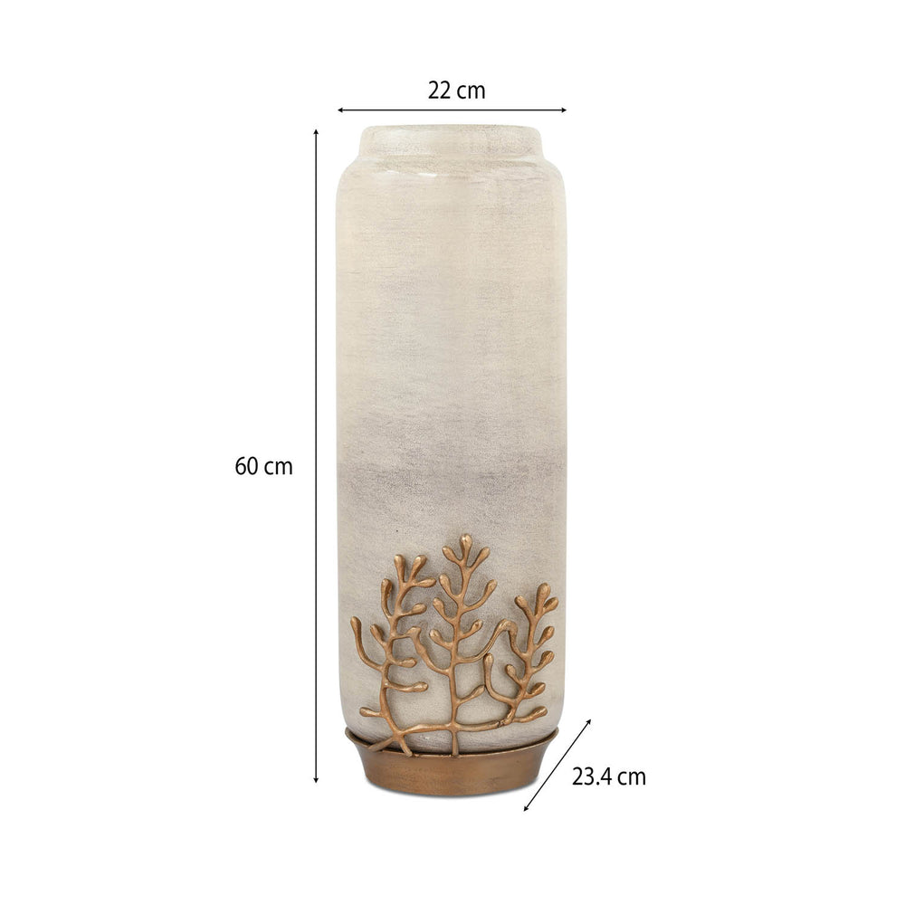 Decorative Tall Floor Vase with Golden Branch- Beige and Gold