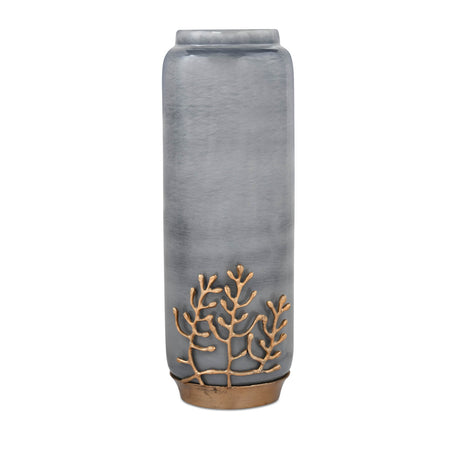 Decorative Tall Floor Vase with Golden Branch- Grey and Gold