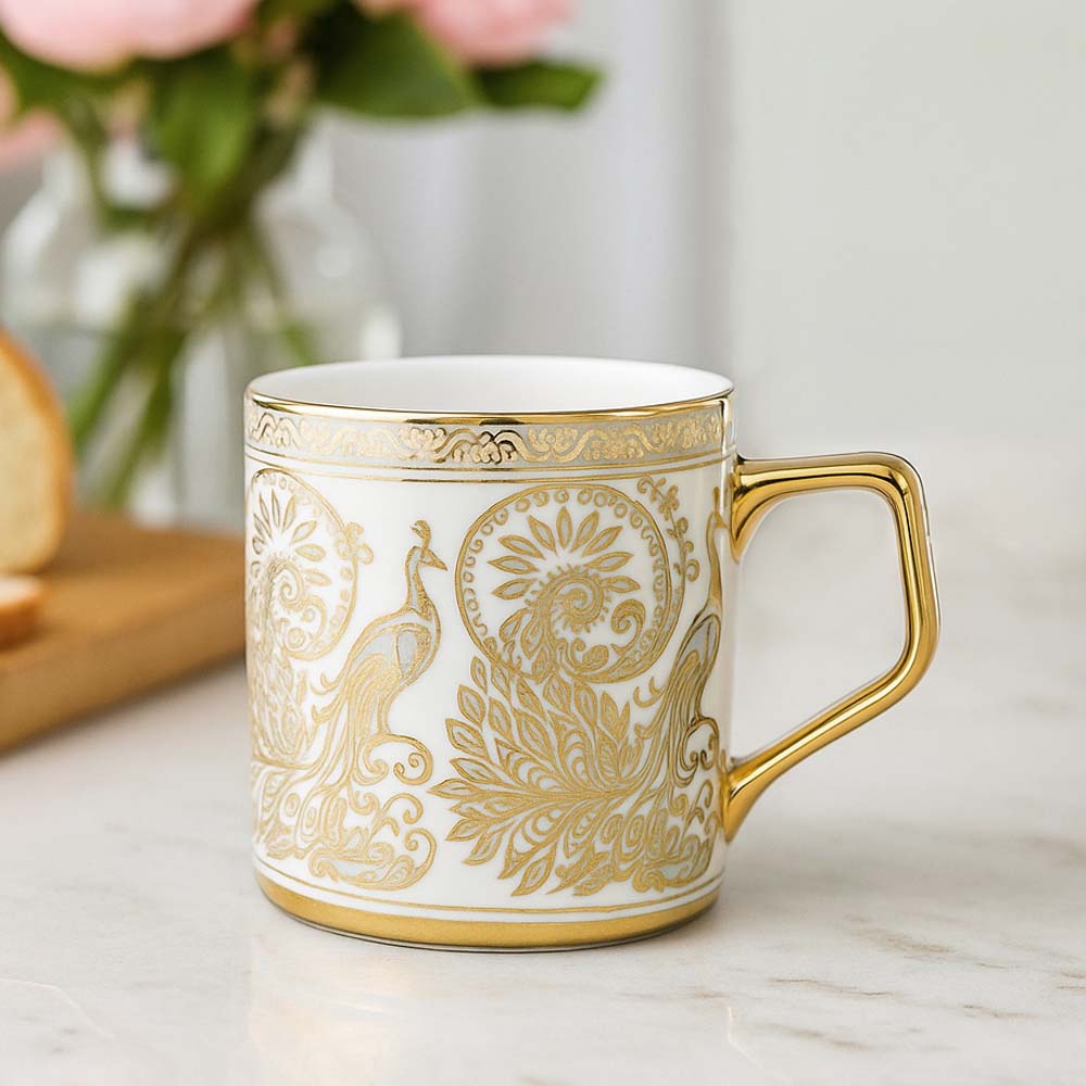Peacock Design Coffee Mug Set of 6- White and Gold