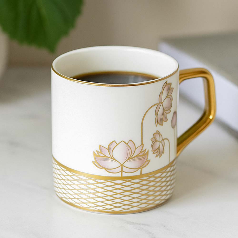 Lotus Design Coffee Mug Set of 6- White and Gold