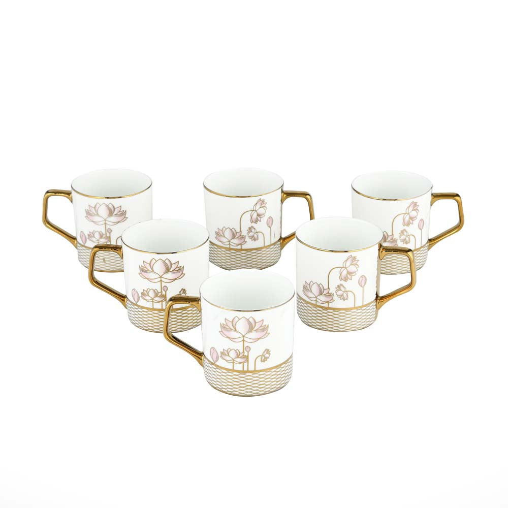 Lotus Design Coffee Mug Set of 6- White and Gold
