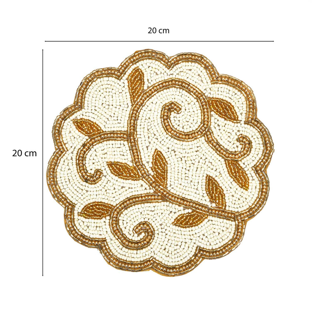 Leaf Beaded Polyester Trivet- Gold and Off-white