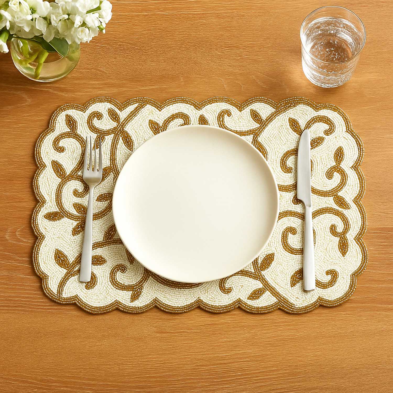 Leaf Beaded Polyester Table Placemat- Gold and Off-white