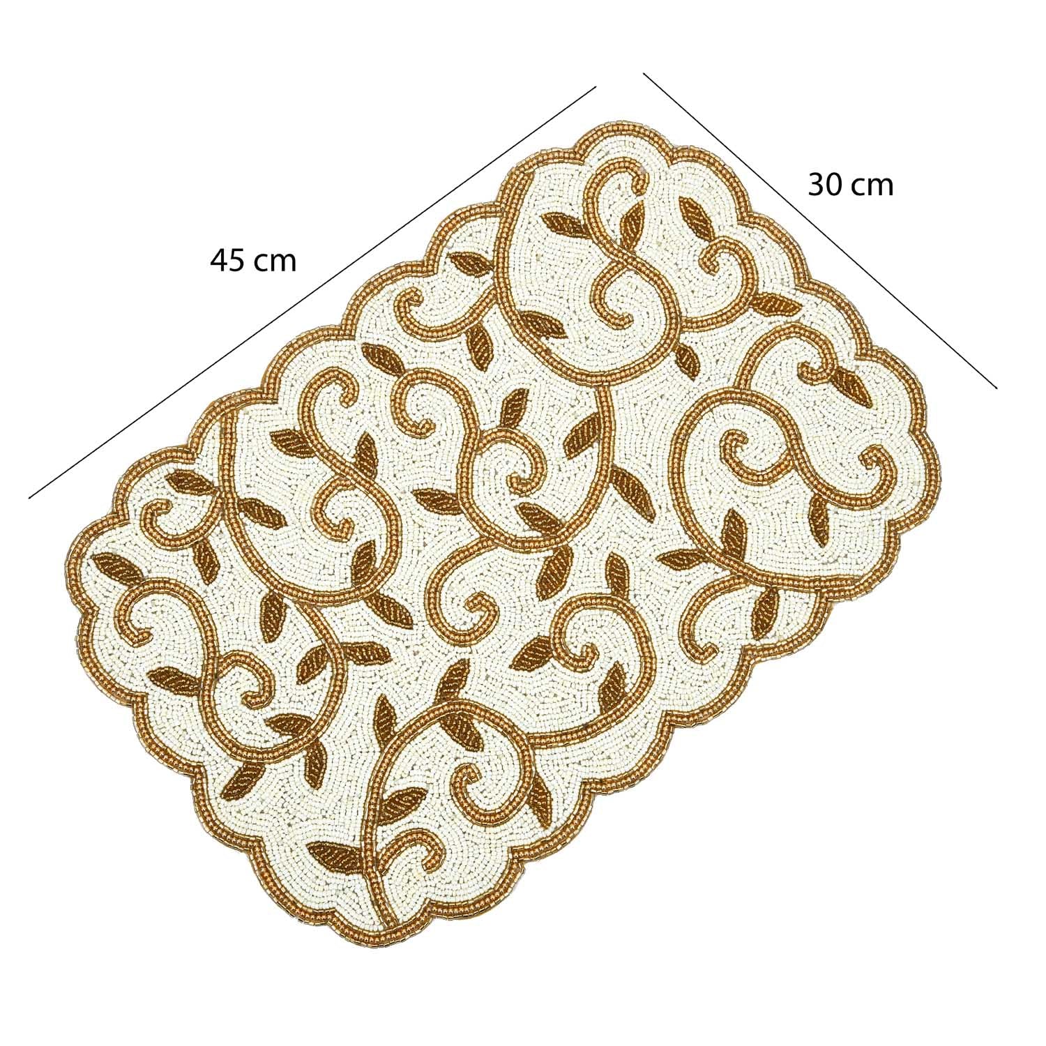 Leaf Beaded Polyester Table Placemat- Gold and Off-white