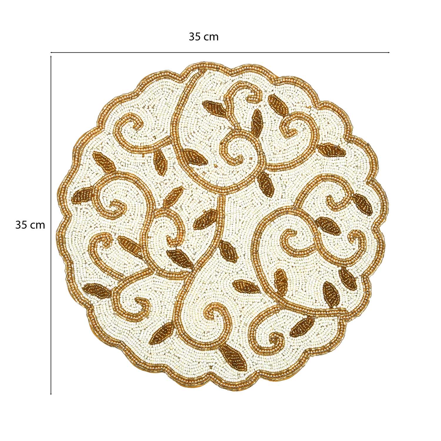 Leaf Beaded Round Polyester Table Placemat- Gold and Off-white