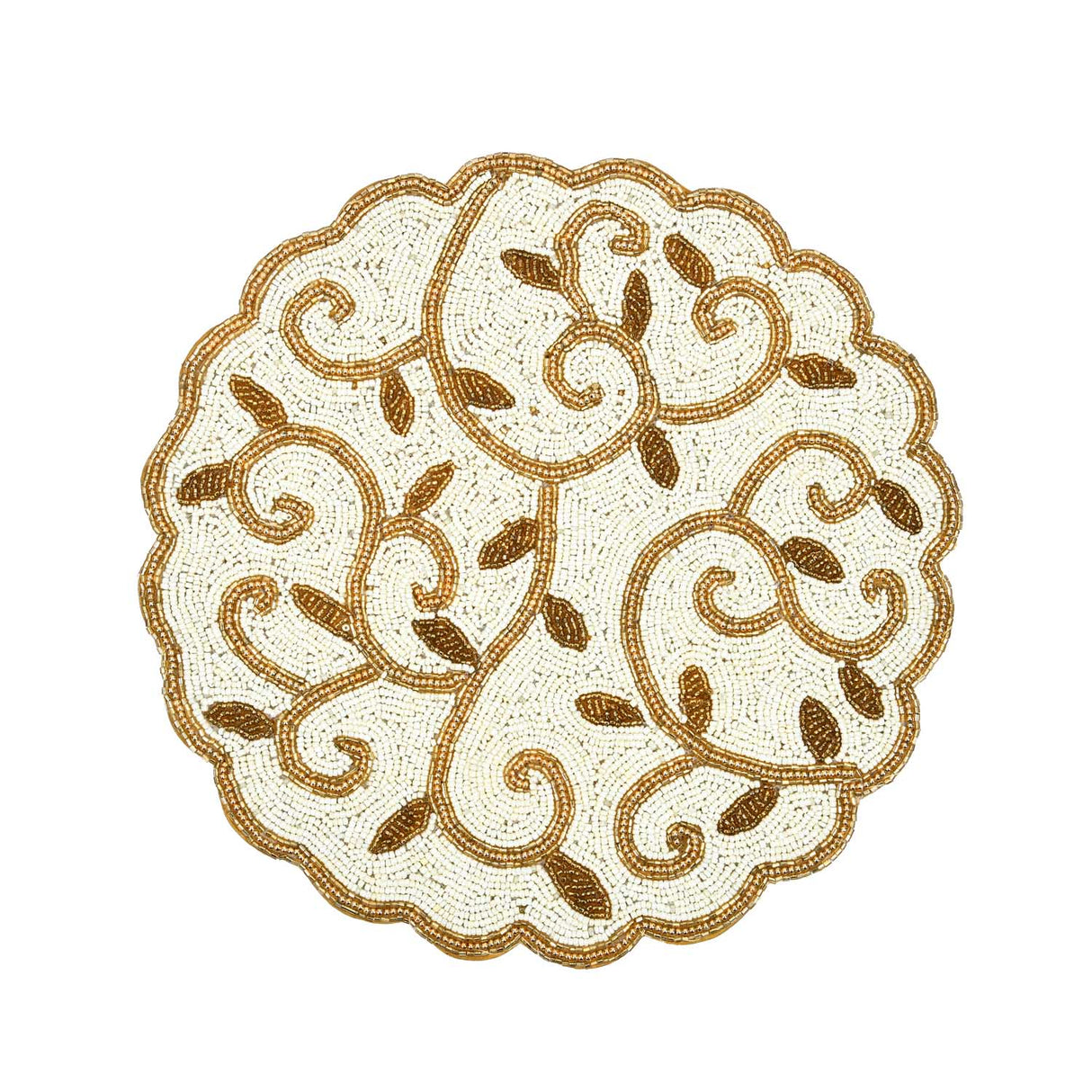 Leaf Beaded Round Polyester Table Placemat- Gold and Off-white