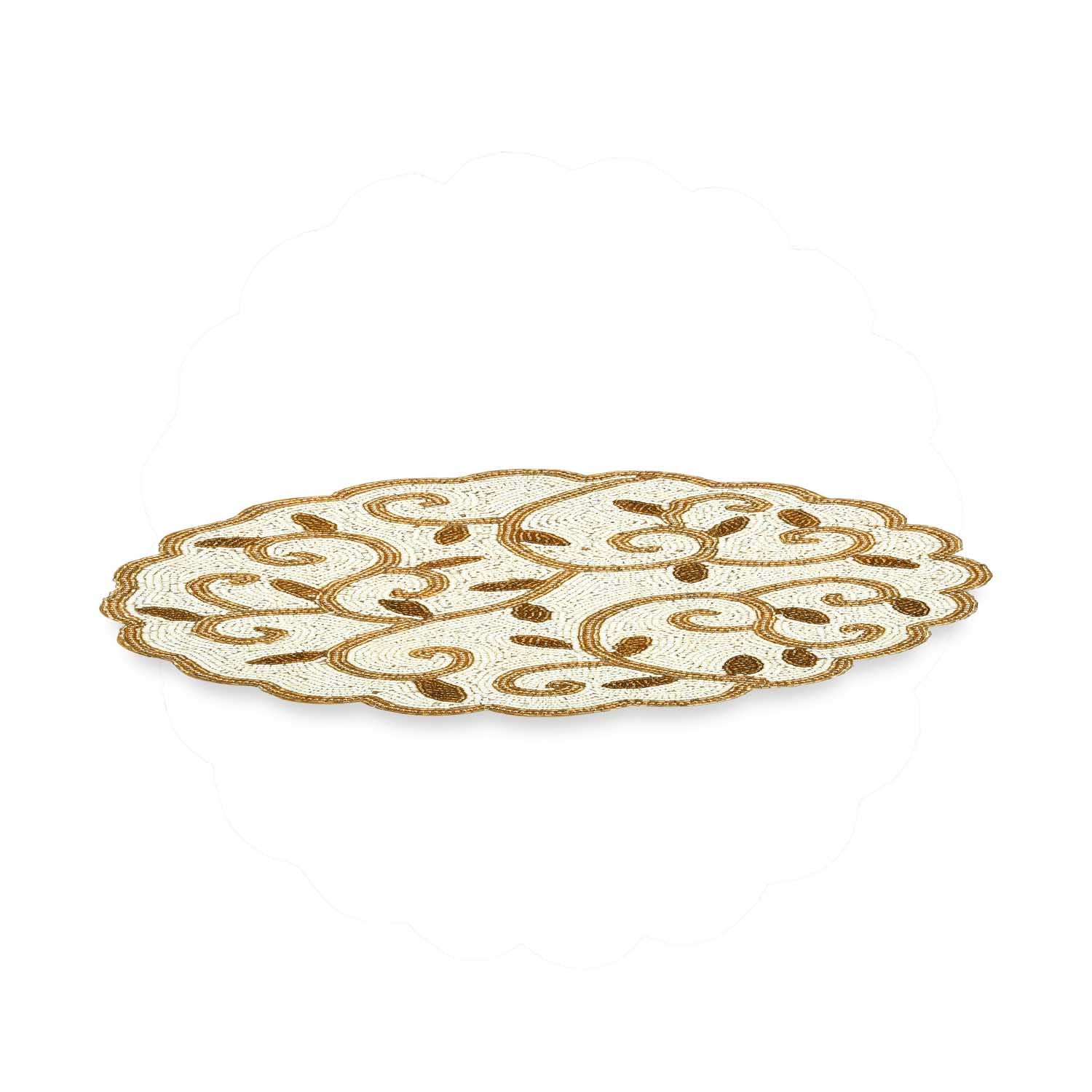Leaf Beaded Round Polyester Table Placemat- Gold and Off-white