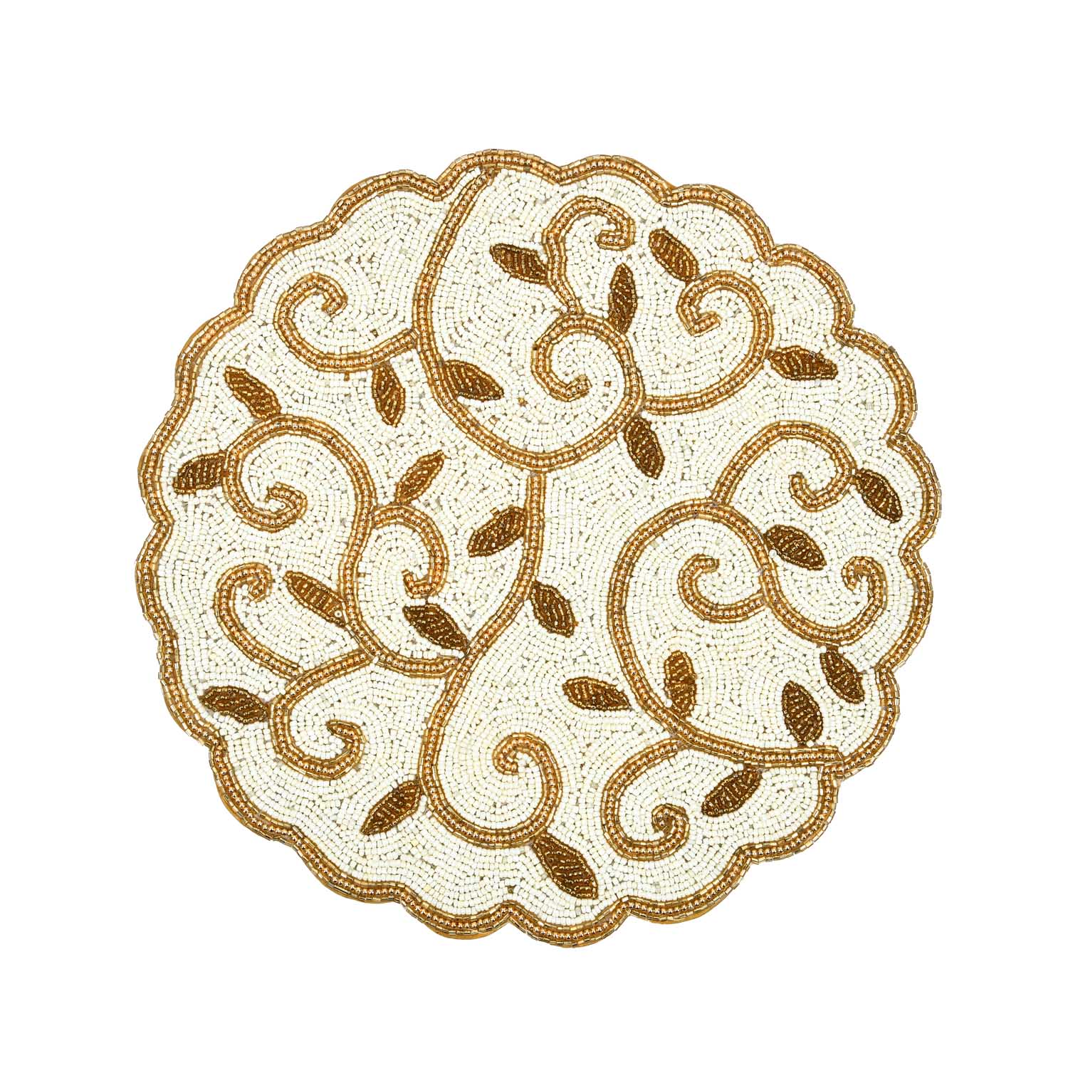 Leaf Beaded Round Polyester Table Placemat- Gold and Off-white