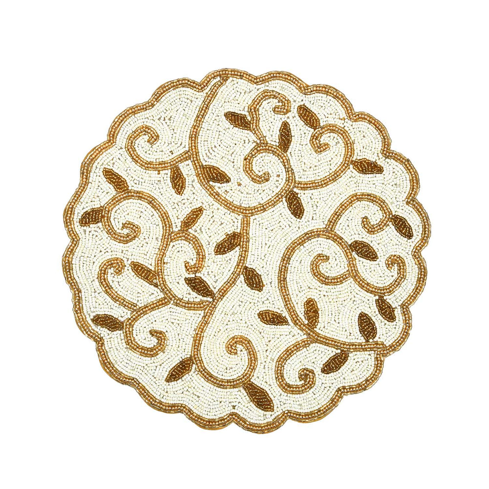 Leaf Beaded Round Polyester Table Placemat- Gold and Off-white