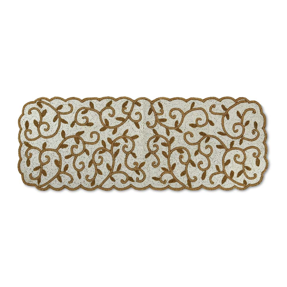 Leaf Beaded Polyester Table Runner Small- Gold and Off-white