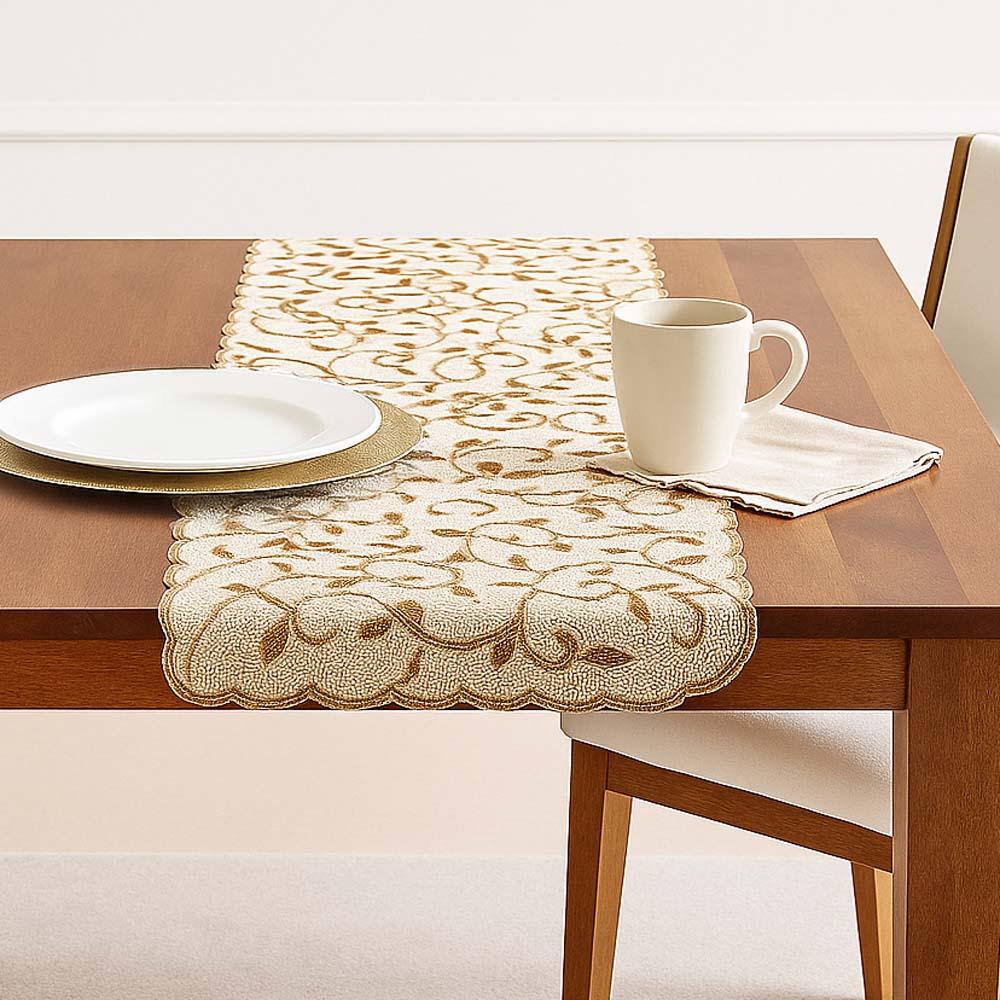 Leaf Beaded Polyester Table Runner Large- Gold and Off-white
