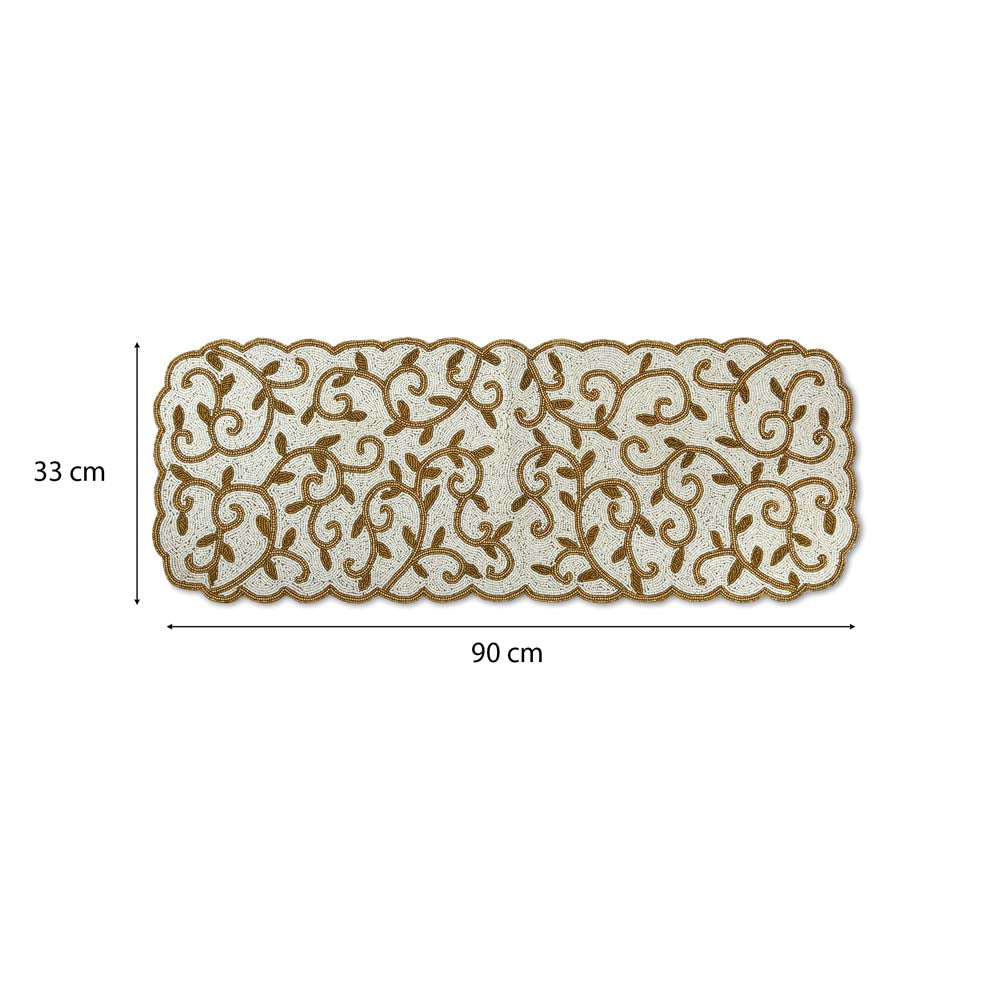 Leaf Beaded Polyester Table Runner Small- Gold and Off-white