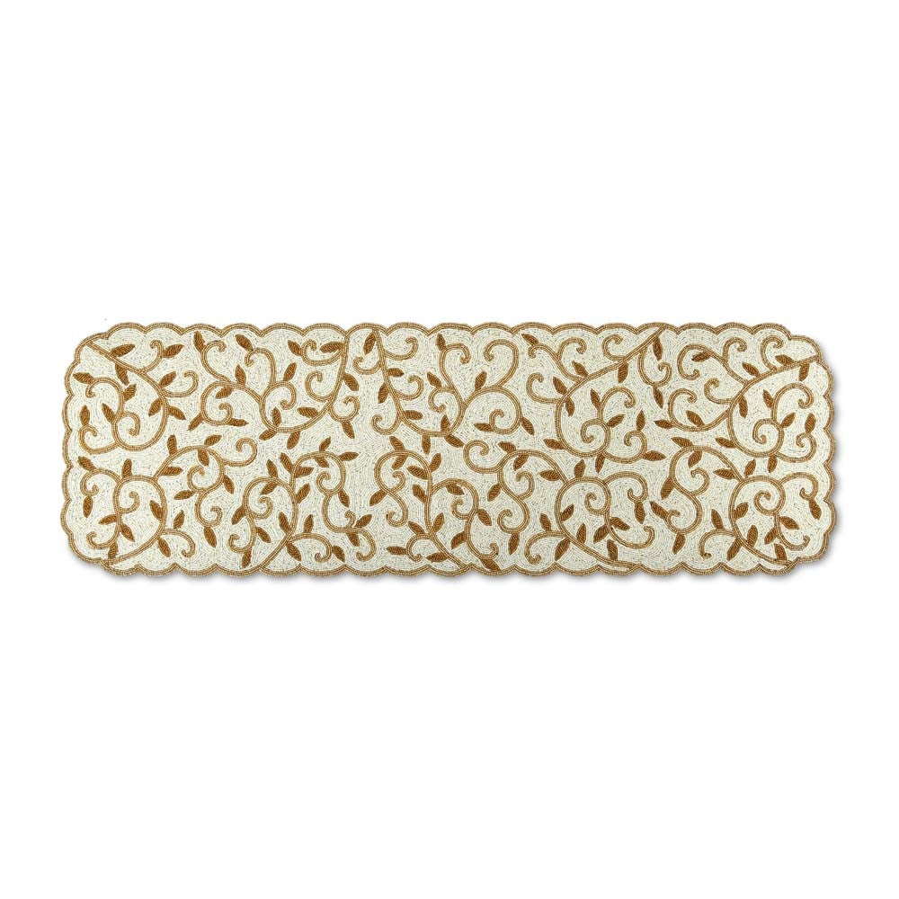 Leaf Beaded Polyester Table Runner Large- Gold and Off-white