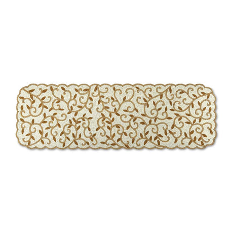 Leaf Beaded Polyester Table Runner Large- Gold and Off-white