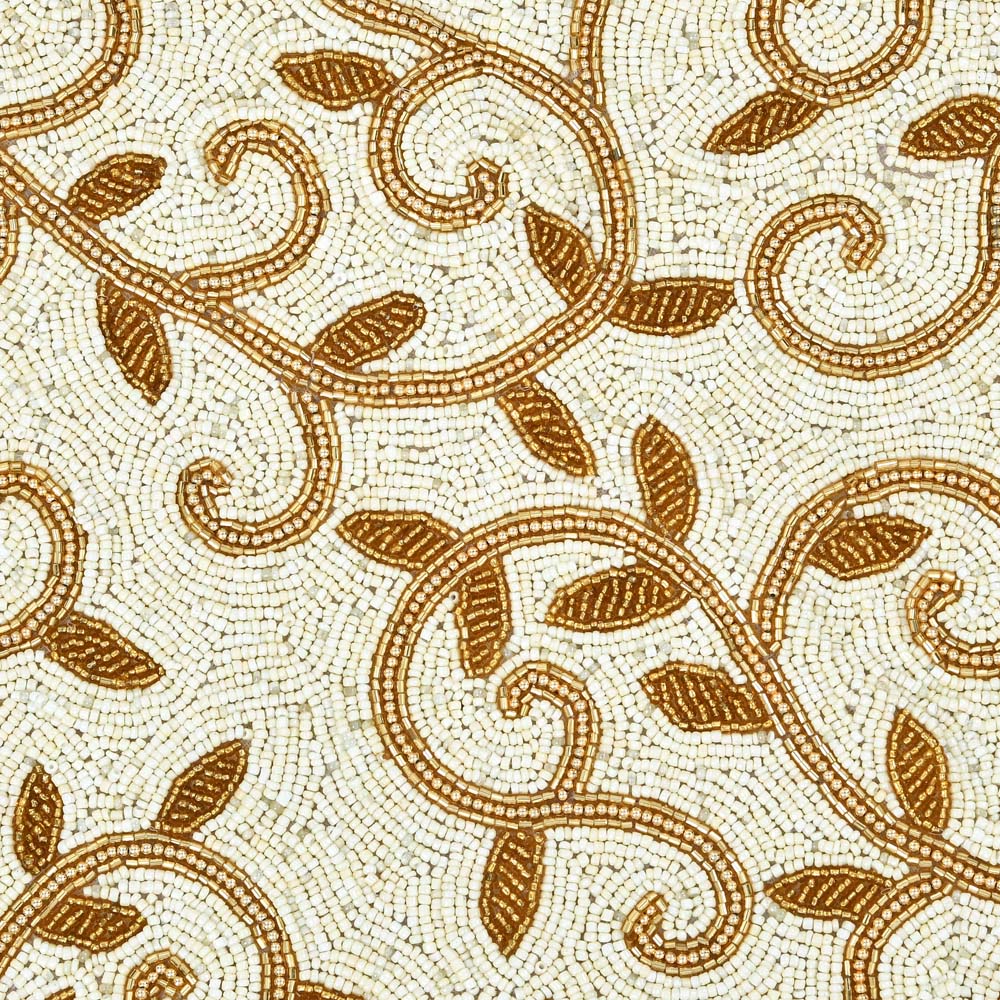 Leaf Beaded Polyester Table Runner Large- Gold and Off-white