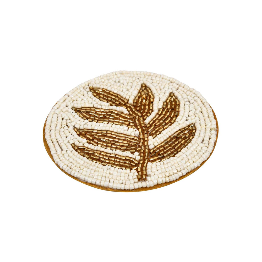 Leaf Beaded Round Polyester Coasters Set of 4- Gold