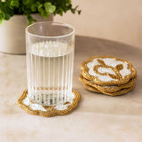 Leaf Beaded Polyester Coaster Set of 4- Gold and Off-white