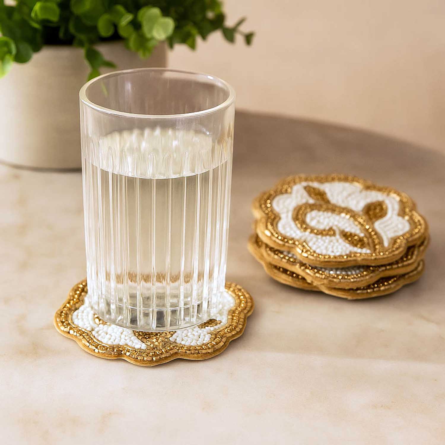Leaf Beaded Polyester Coaster Set of 4- Gold and Off-white