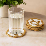 Leaf Beaded Polyester Coaster Set of 4- Gold and Off-white