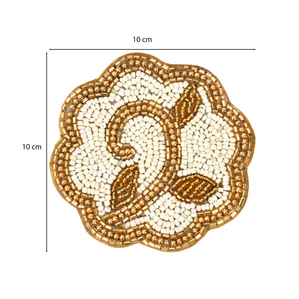 Leaf Beaded Polyester Coaster Set of 4- Gold and Off-white