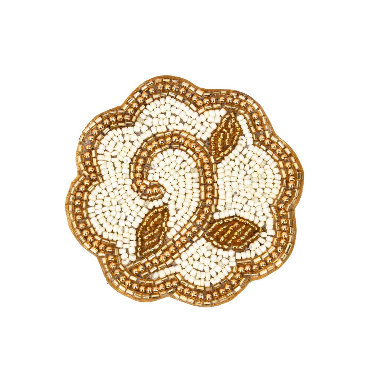 Leaf Beaded Polyester Coaster Set of 4- Gold and Off-white