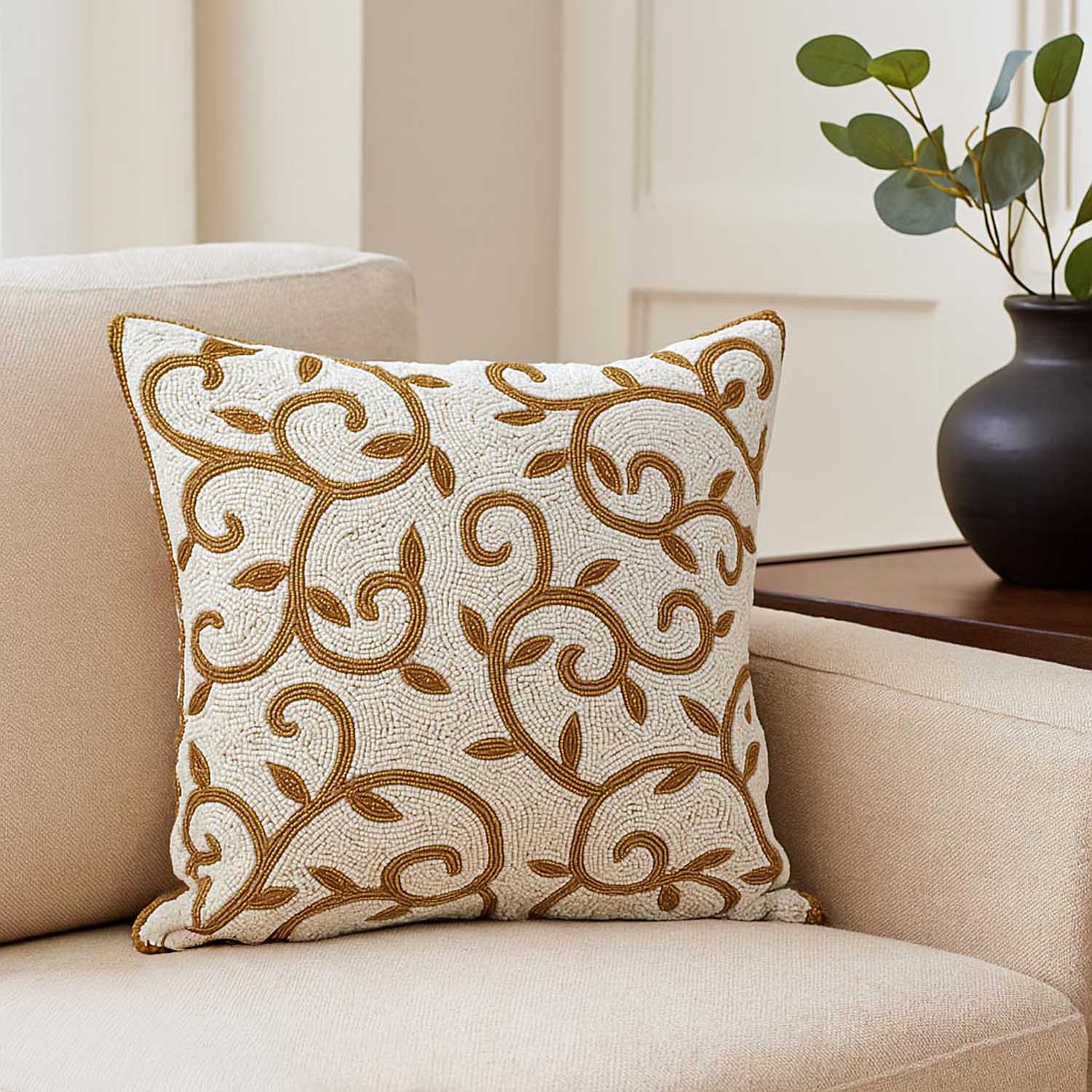 Leaf Beaded Polyester Cushion Cover- Gold and Off-white