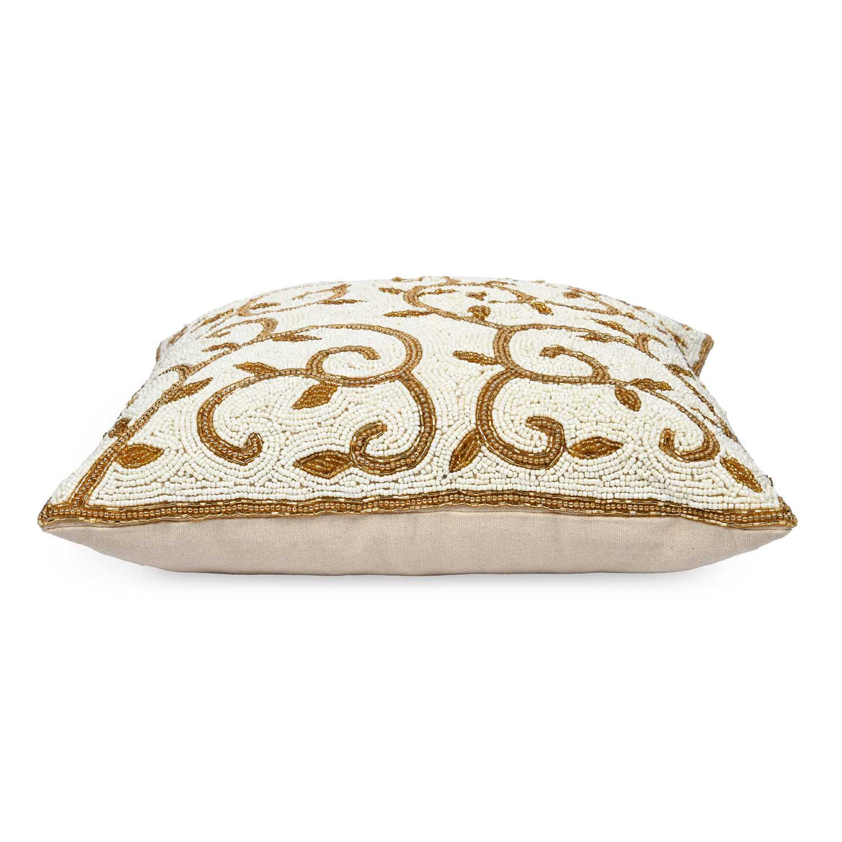 Leaf Beaded Polyester Cushion Cover- Gold and Off-white