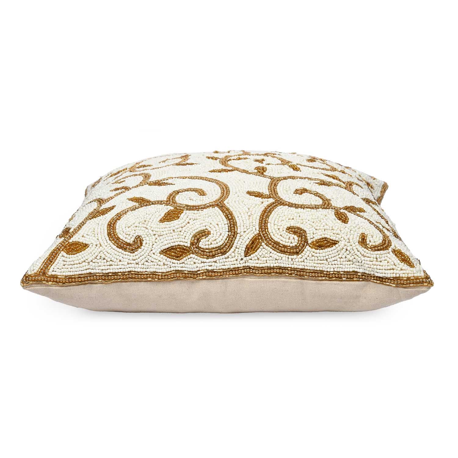Leaf Beaded Polyester Cushion Cover- Gold and Off-white